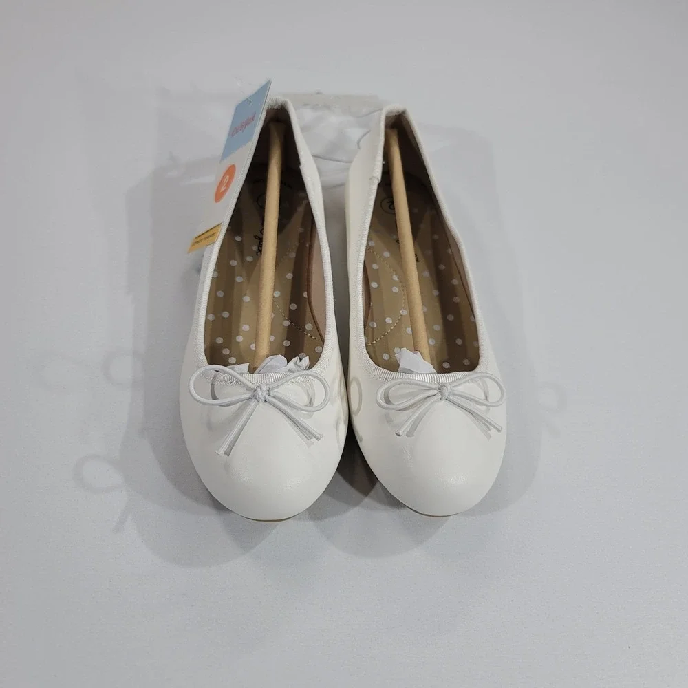 Cat & Jack Diana White Ballet Flats Girls Size 2 Slip On Bow Shoes AF533 New
